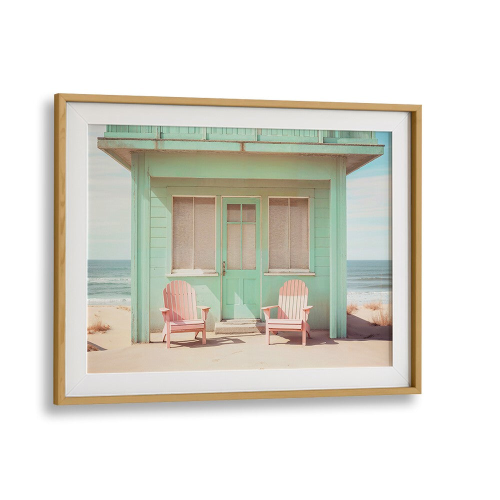 Pastel Perspectives, beach paintings featuring a charming mint green beach house with pink chairs by Philippe Hugonnard.
