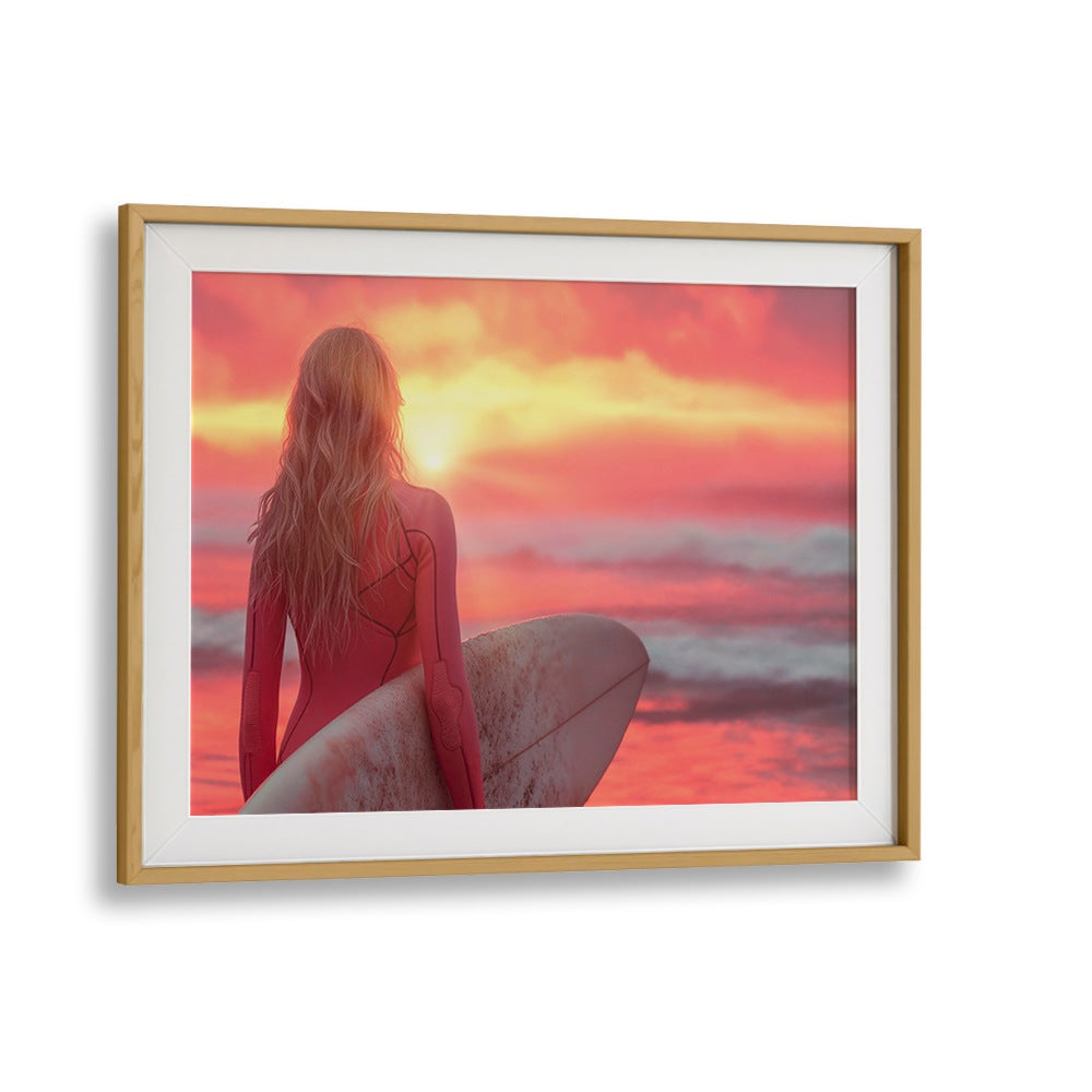 Surfer gazes at a vibrant sunset in SURFSIDE ELEGANCE, BEACH PAINTINGS by Philippe Hugonnard, capturing coastal beauty.