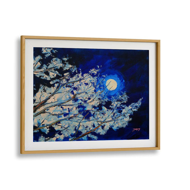 Stunning BLUEMOON, LANDSCAPE PAINTINGS featuring a moonlit night sky and delicate branches in vibrant hues.