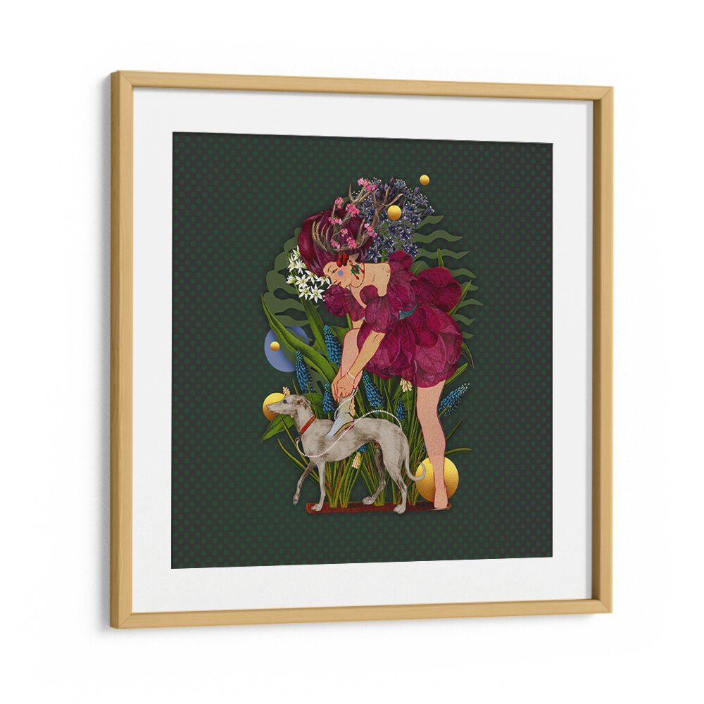 Whimsical girl with a dog among lush foliage in ENCHANTED FOREST IX, PORTRAITS artwork for enchanting decor.
