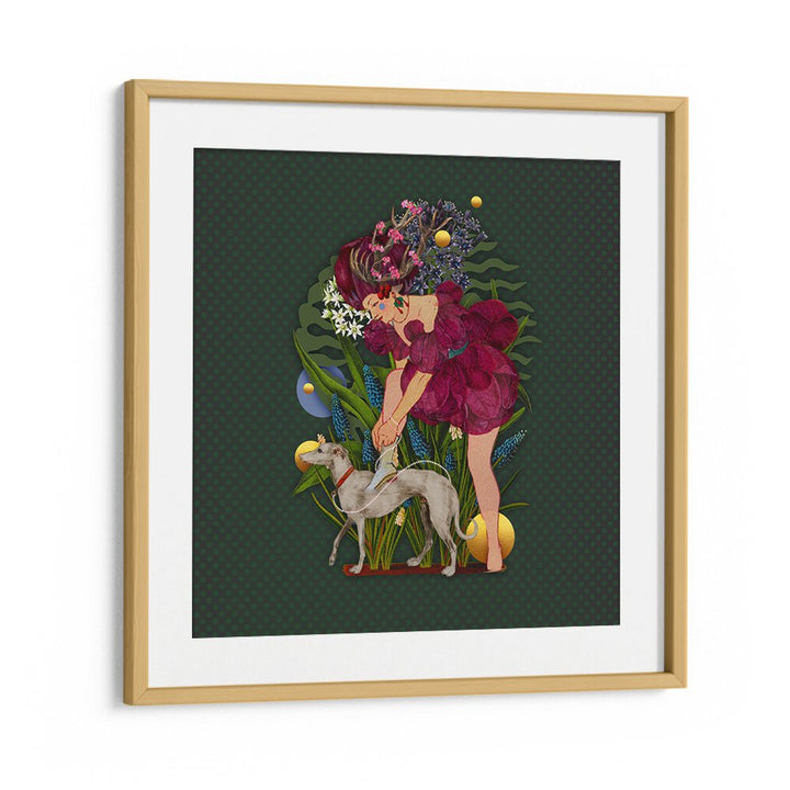 Whimsical girl with a dog among lush foliage in ENCHANTED FOREST IX, PORTRAITS artwork for enchanting decor.