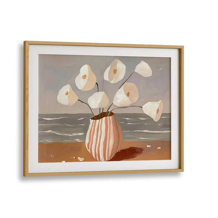 Colorful flowers in a vase with waves in the background, showcasing BOATS IN THE HARBOR II's serene beauty.
