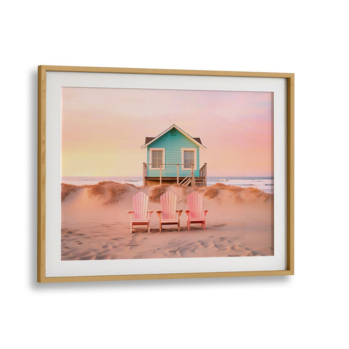 Pastel Beach painting featuring a tranquil beach house and chairs, perfect for serene home decor. Ideal for art lovers.