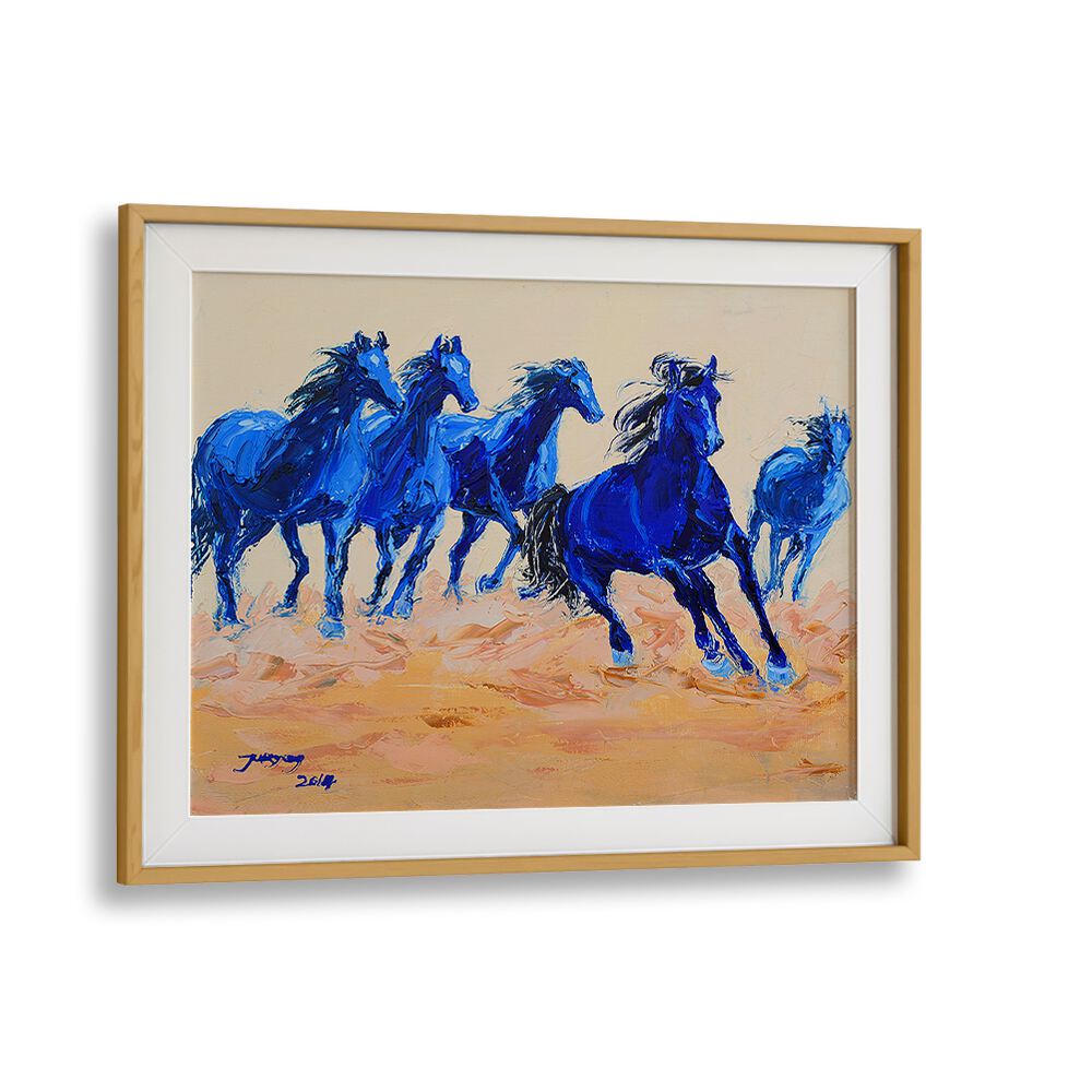 Vibrant blue horses gallop across the canvas in HORSE III, ANIMAL PAINTINGS, perfect for equine art lovers.