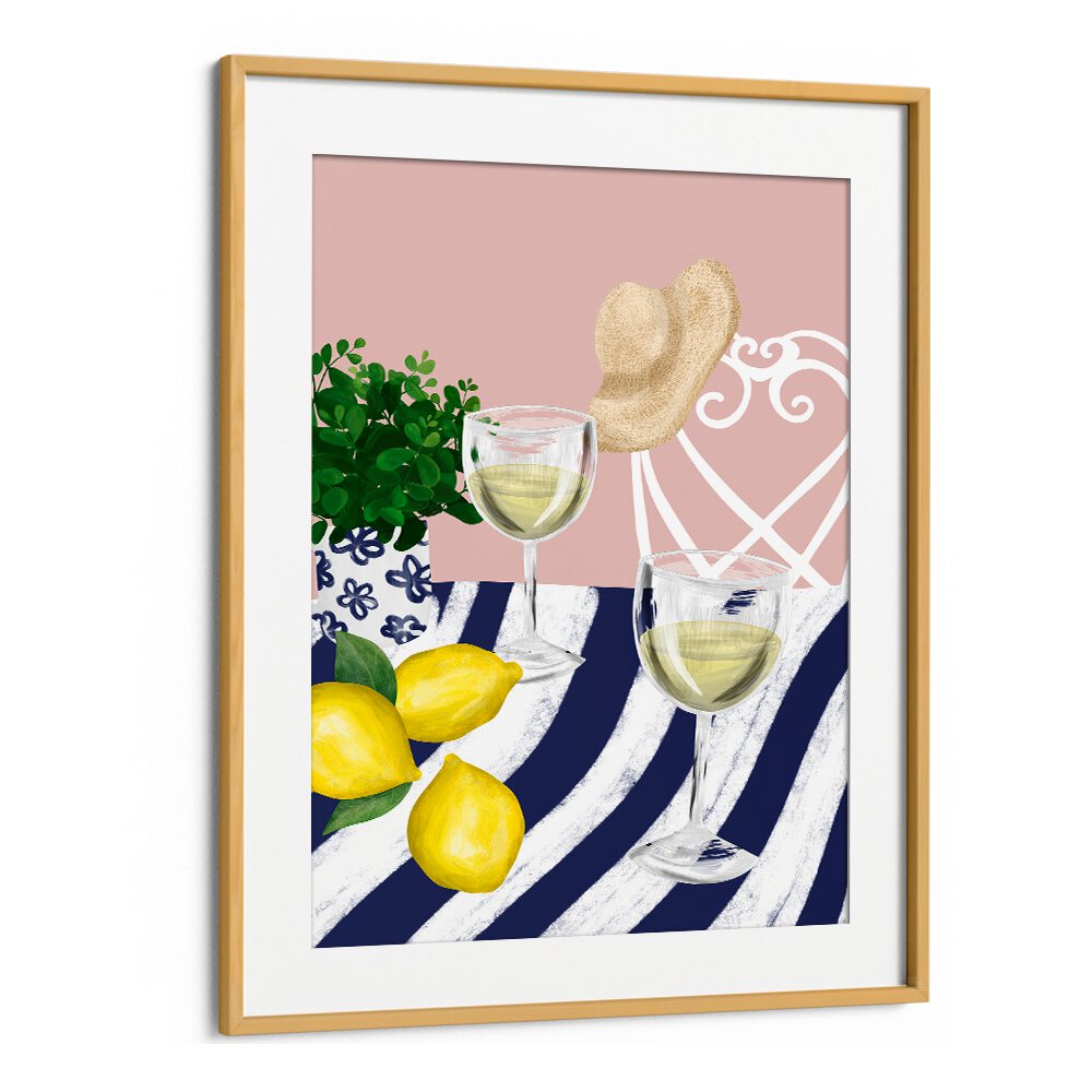 Stylish artwork featuring WHITE WINE FOR TWO, BAR setting with glasses, lemons, and greenery, perfect for decor.