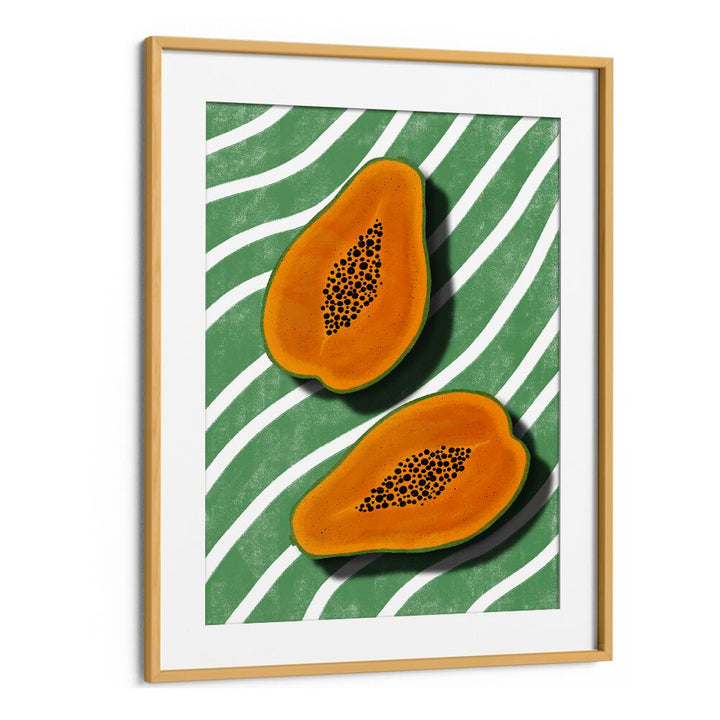Vibrant PAPAYAS, KITCHEN POSTERS featuring sliced papaya on a green wavy background, perfect for kitchen decor.