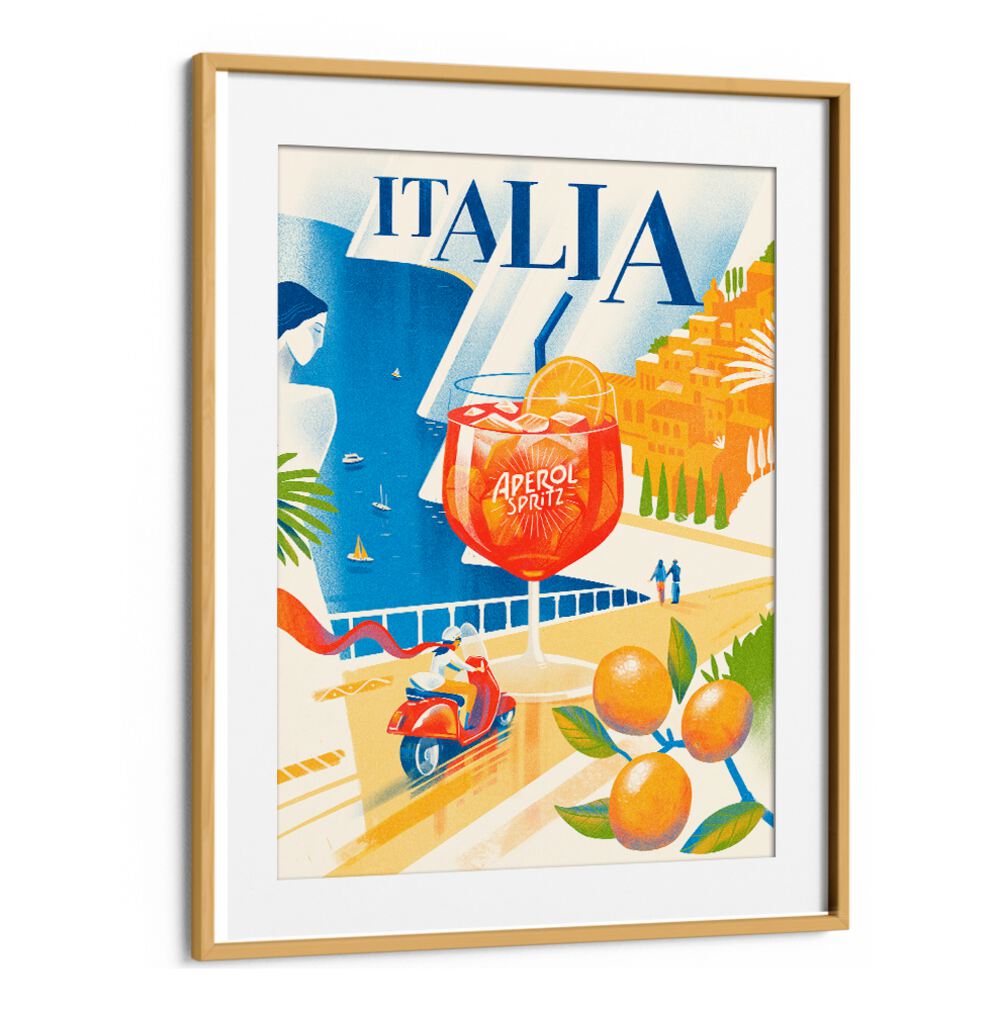 Vibrant ITALIA, BAR art featuring Aperol Spritz and coastal views, perfect for stylish home decor.