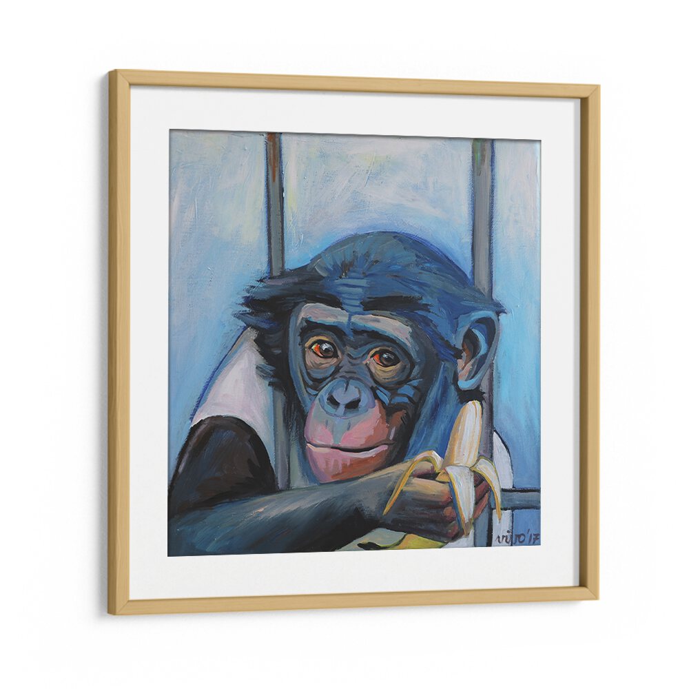 Colorful abstract art of a monkey with a banana in the BANANA CONTEMPLATION II, COMIC POSTERS collection.