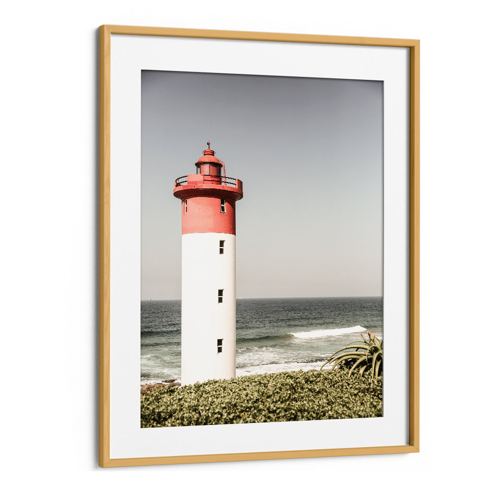 Oakwood Mount BEACON BY THE SEA , BEACH PAINTINGS framed coastal lighthouse above waves and dune greenery