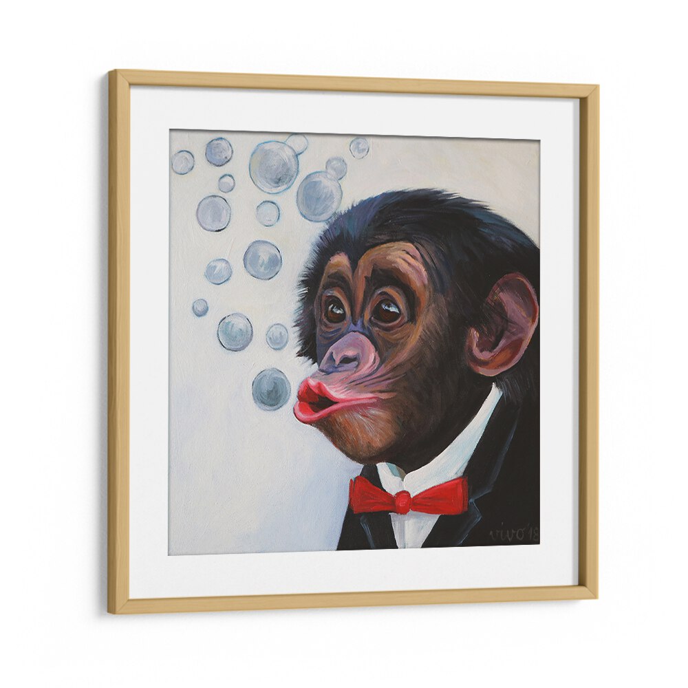Bubbly Chimp Fancy Comic Posters showcase a playful chimp in a tuxedo with bubbles, perfect for vibrant decor.