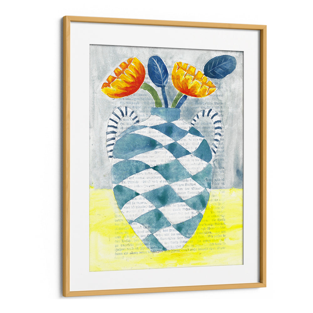CHECKERED VASE ORANGE FLOWERS