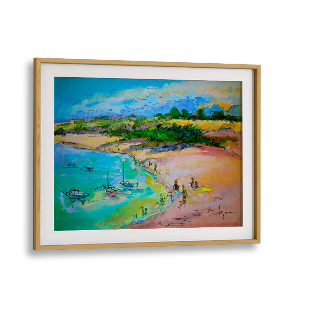 Oakwood Mount COASTAL SERENITY , LANDSCAPE PAINTINGS framed coastal scene with boats, beach, pastel sky
