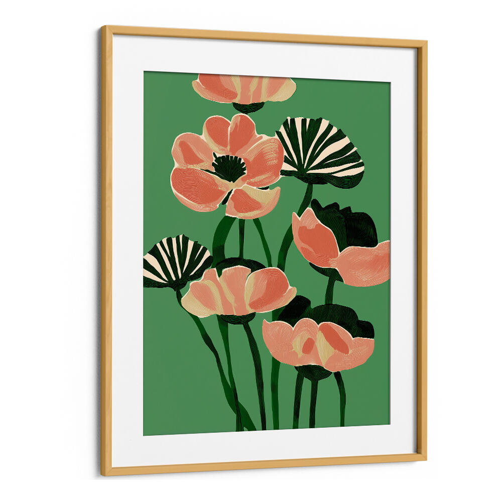 CORAL POPPIES ON GREEN , FLORAL FLOWER PAINTINGS