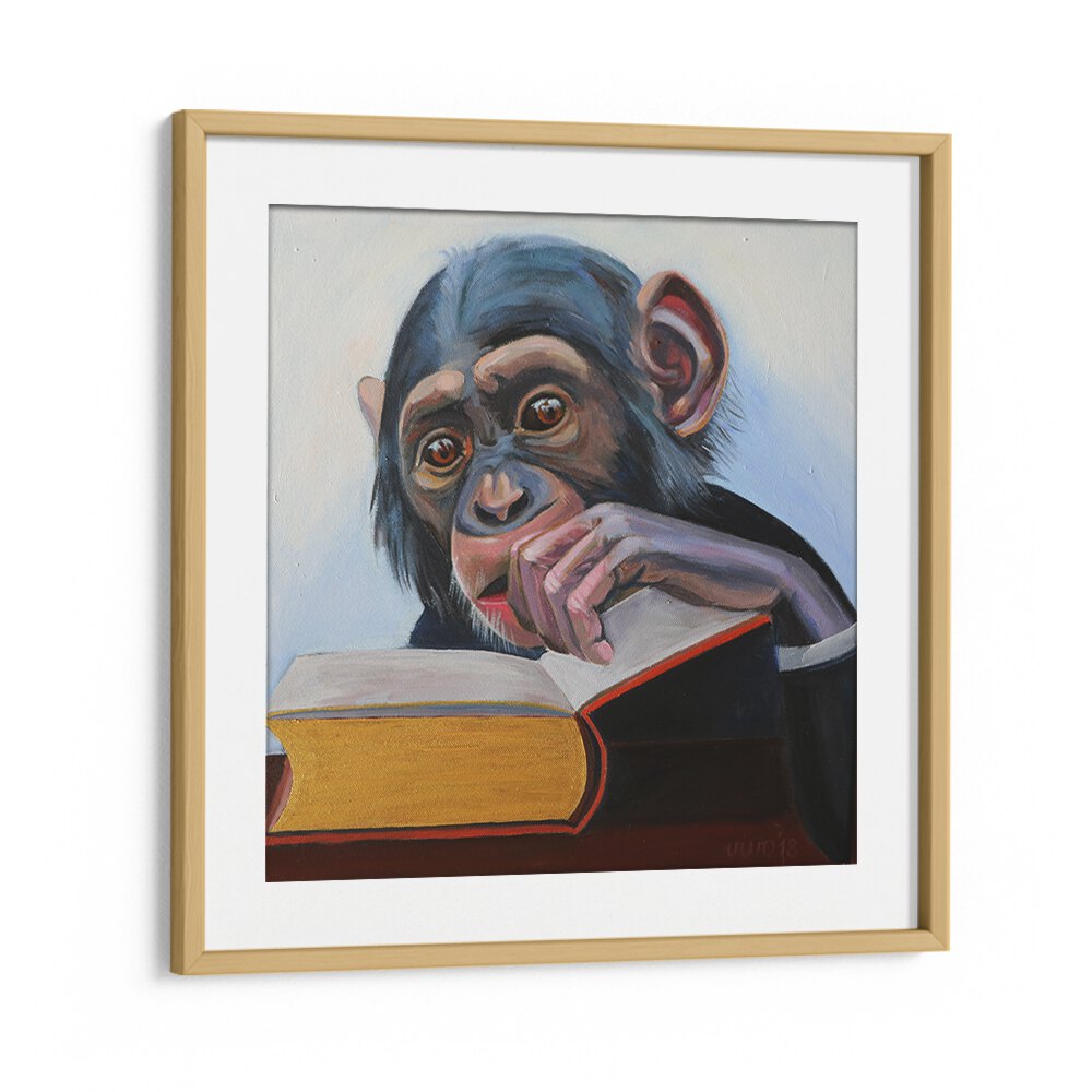 Curious Scholar Comic Posters featuring a thoughtful monkey reading, perfect for vibrant wall art collection.