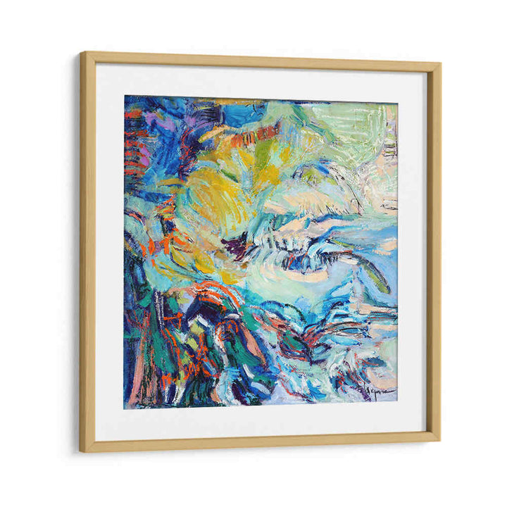 Oakwood Mount FLOWING HUES , ABSTRACT PAINTINGS framed vibrant abstract with blue and yellow textured brushstrokes