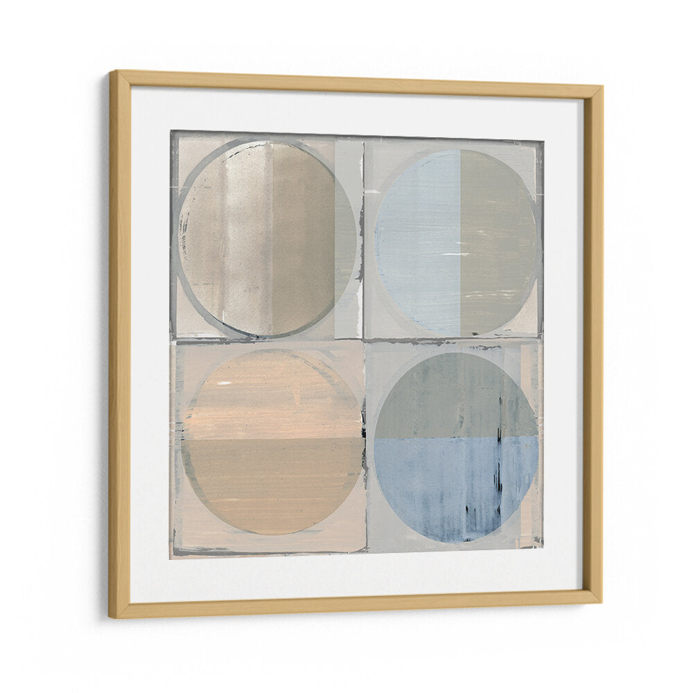 FOUR CIRCLES AND SQUARES I, GEOMETRIC ART PRINTS featuring soft hues and modern design, perfect for stylish interiors.