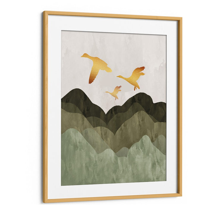 Golden birds flying above serene mountains in stunning landscape paintings, perfect for any living space or office.
