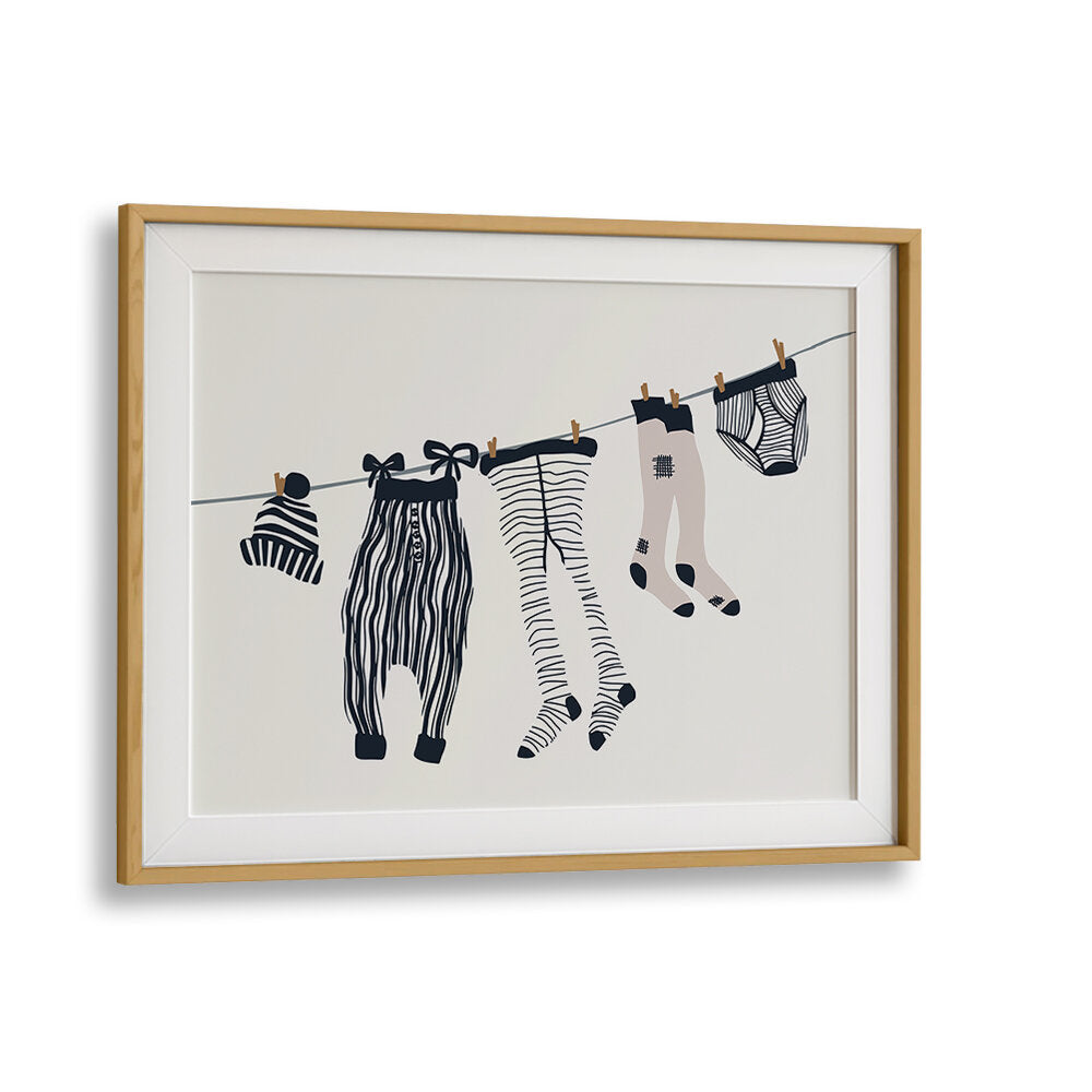 Whimsical LAUNDRY ROOM, KIDS ROOM PAINTINGS showcase playful clothing on a clothesline, perfect for brightening kids' spaces.