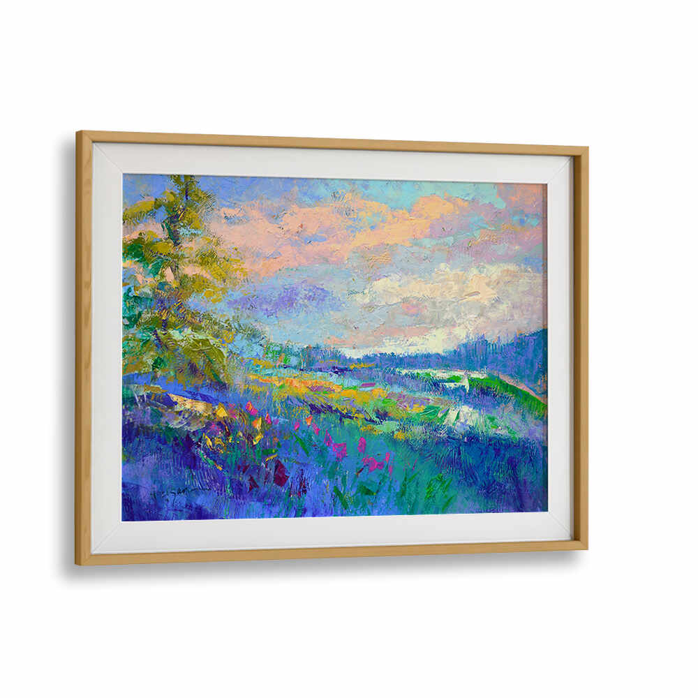 Oakwood Mount IMPRESSIONIST , LANDSCAPE PAINTINGS framed pastel sky, vibrant meadow with wildflowers, lone tree and distant hills