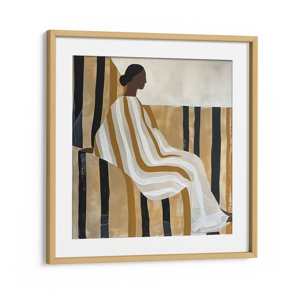 Elegant LADY IN STRIPES, PORTRAITS artwork featuring a seated woman with bold stripes, perfect for modern decor.