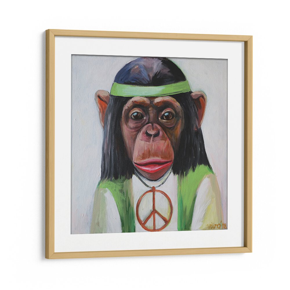 Vibrant PEACEFUL PRIMATE VIBE, COMIC POSTERS feature a playful monkey in peace attire, perfect for wall decor.