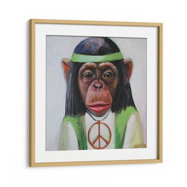 Vibrant PEACEFUL PRIMATE VIBE, COMIC POSTERS feature a playful monkey in peace attire, perfect for wall decor.