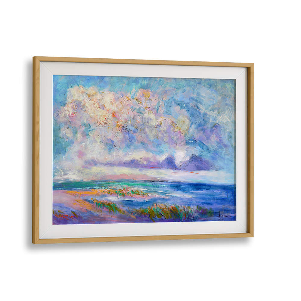 Oakwood Mount framed coastal scene with pastel clouds and dunes — NATURE INSPIRED , LANDSCAPE PAINTINGS