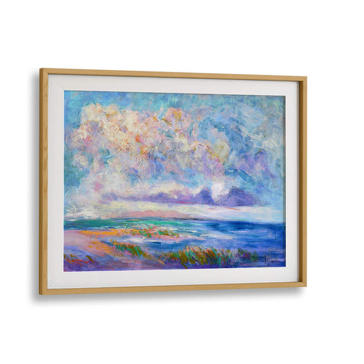 Oakwood Mount framed coastal scene with pastel clouds and dunes — NATURE INSPIRED , LANDSCAPE PAINTINGS