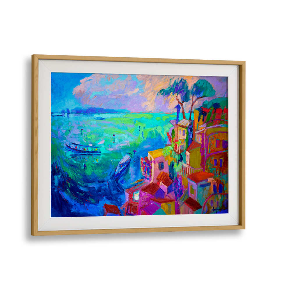 Oakwood Mount NATURE INSPIRED LANDSCAPE II , LANDSCAPE PAINTINGS — coastal village with boats, vivid blues and pinks