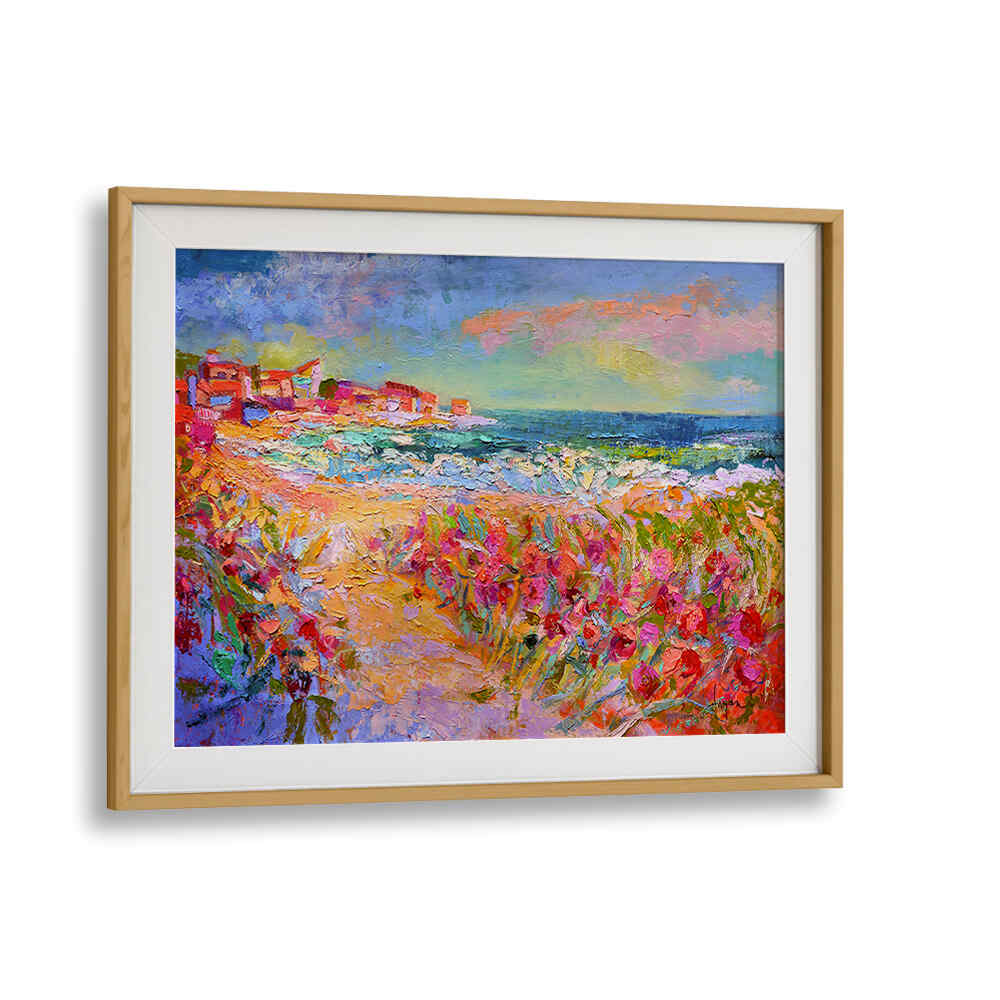 Oakwood Mount NATURE’S VIVID BEAUTY , LANDSCAPE PAINTINGS — framed vibrant coastal landscape with wildflowers, seaside village and rolling waves