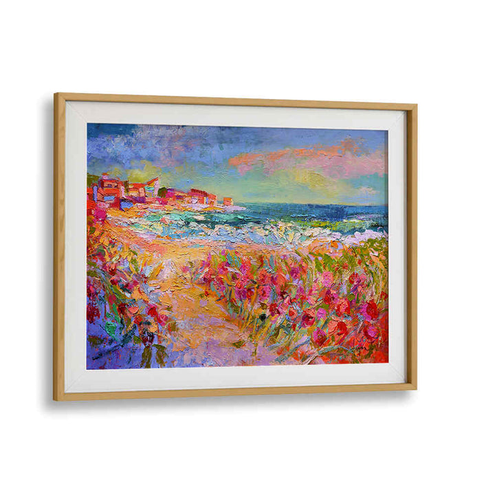 Oakwood Mount NATURE’S VIVID BEAUTY , LANDSCAPE PAINTINGS — framed vibrant coastal landscape with wildflowers, seaside village and rolling waves