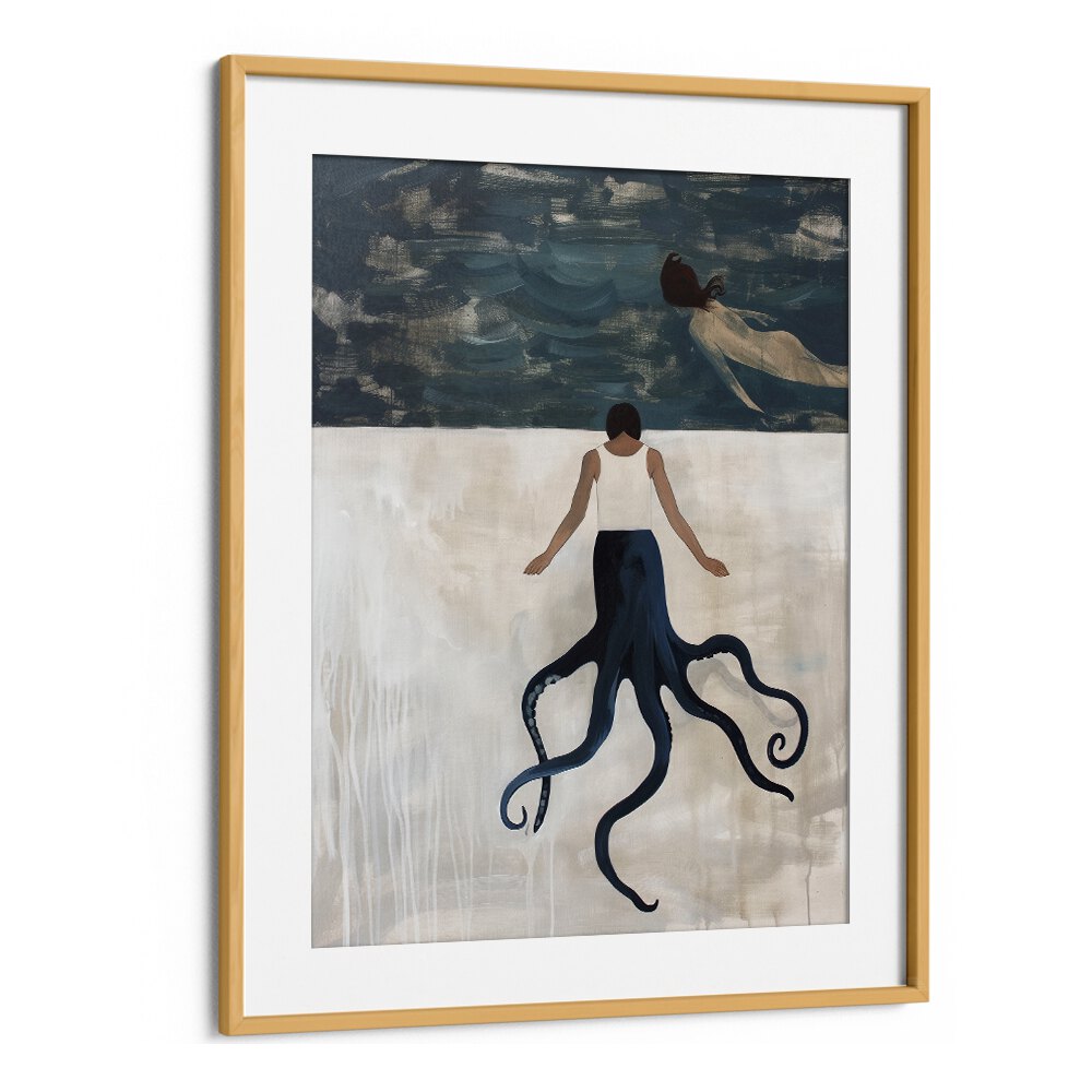 OCTOPUS MAID, BEACH PAINTINGS showcase a whimsical scene of a woman and an octopus, perfect for coastal decor.