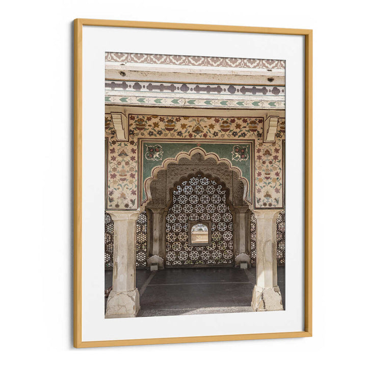 Oakwood Mount framed ORNATE ARCHWAY , INDIAN ART PAINTINGS showing carved jali screen and floral frescoed pillars