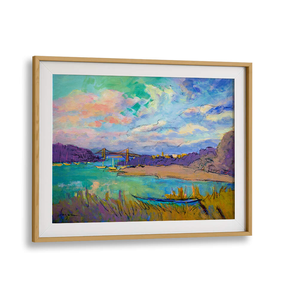 SERENE RIVER SKIES , LANDSCAPE PAINTINGS by Oakwood Mount: framed colorful river vista with boat, bridge and pastel skies