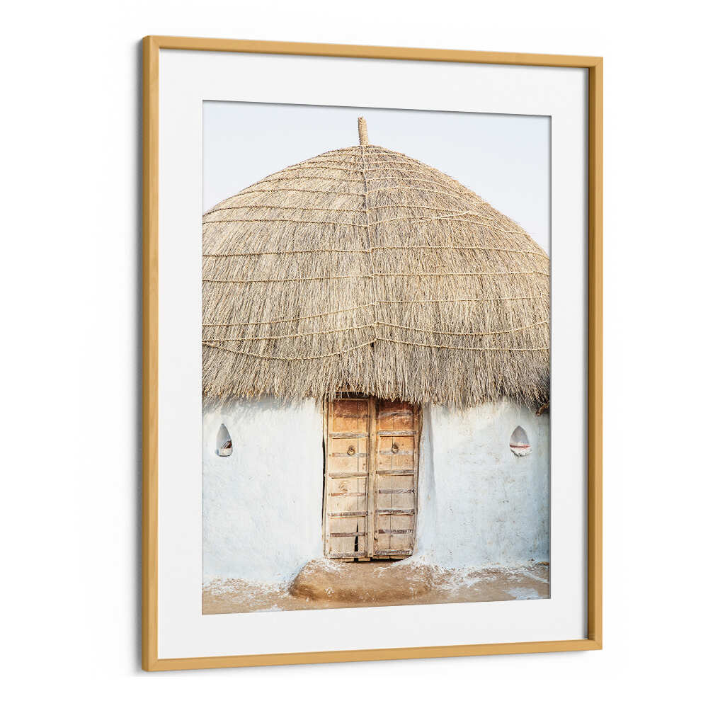 Oakwood Mount THATCHED HAVEN , INDIAN ART PAINTINGS framed print of thatched hut with wooden door