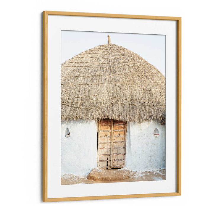 Oakwood Mount THATCHED HAVEN , INDIAN ART PAINTINGS framed print of thatched hut with wooden door