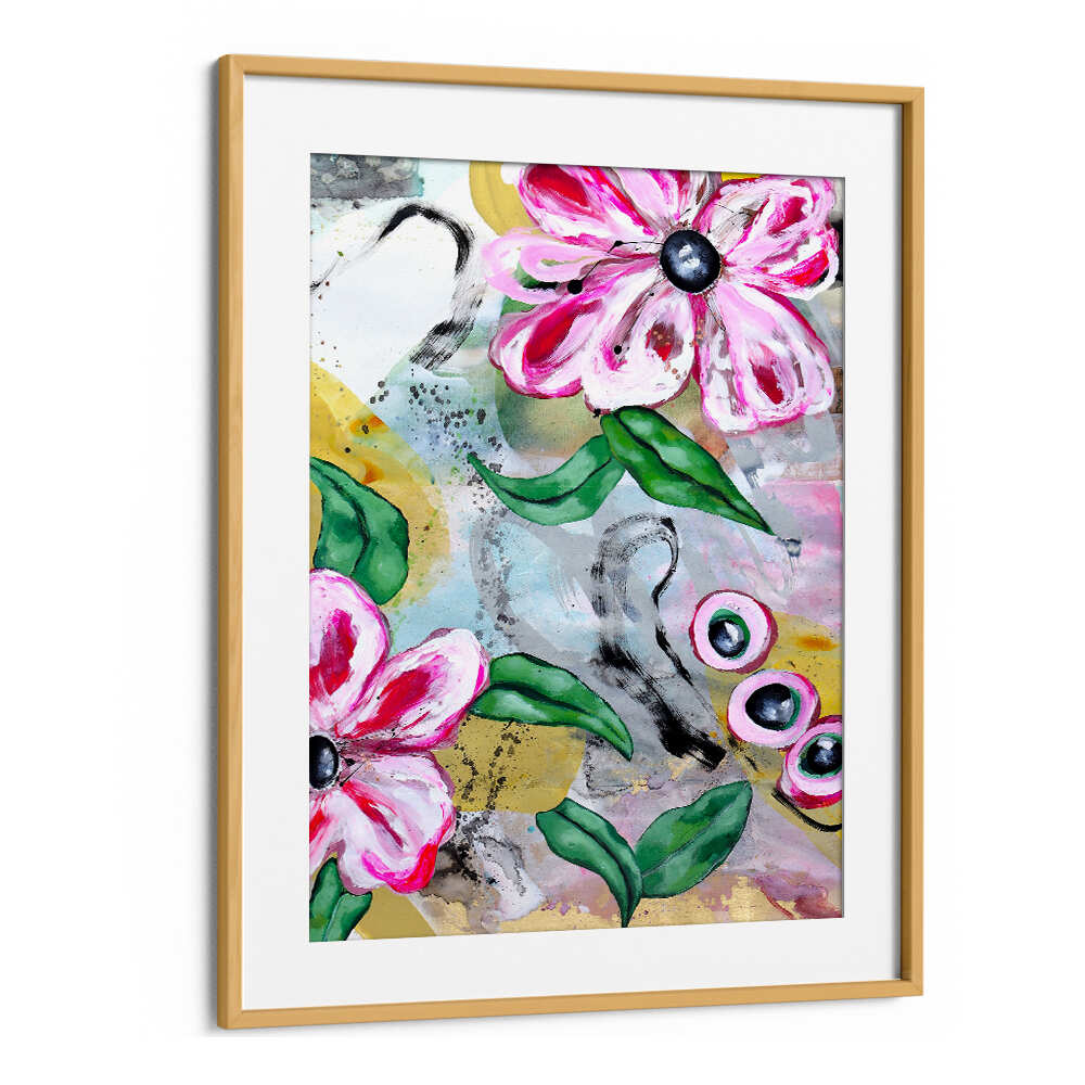VIBRANT PINK FLOWERS AND GREEN LEAVES , FLORAL FLOWER PAINTINGS