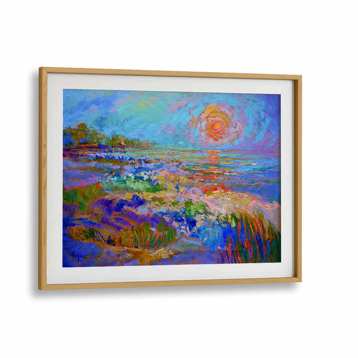 Oakwood VIVID HORIZON GLOW , LANDSCAPE PAINTINGS framed vibrant seaside sunrise with luminous horizons and bold hues