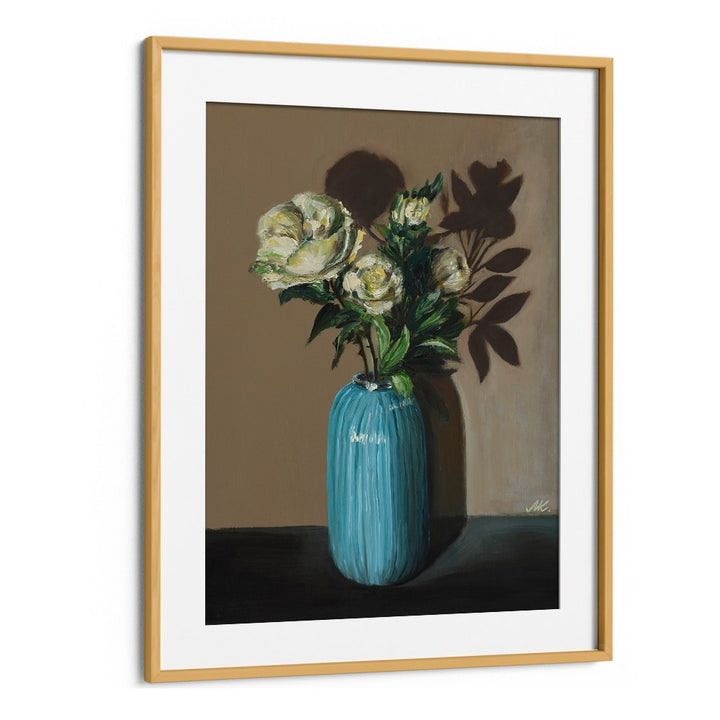 WHITE PEONIES IN BLUE VASE