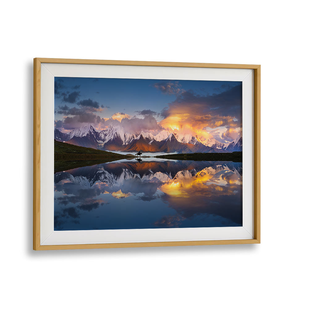 Breathtaking sunset reflections over serene lakes and majestic peaks in MOUNTAINS IN SICHUAN, PHOTOGRAPHY PRINTS.