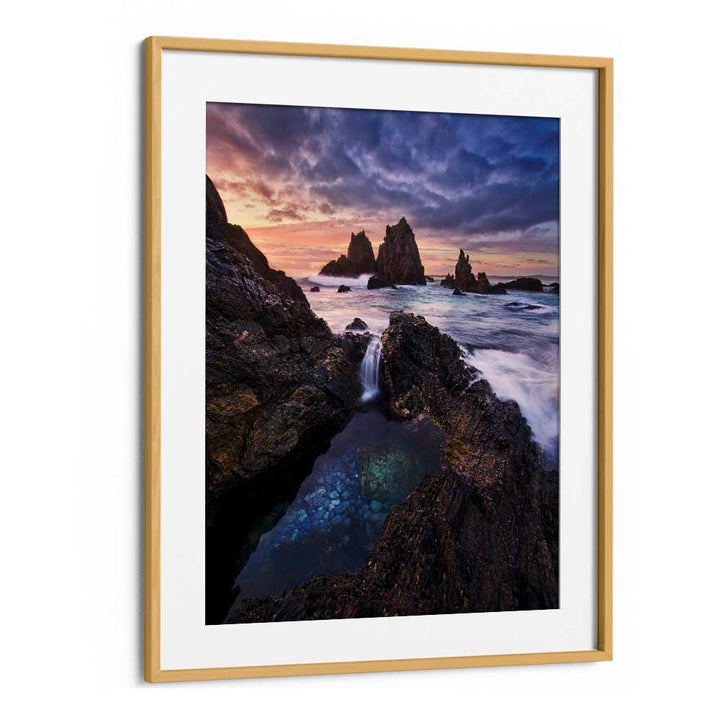 Stunning MEETING OF WATERS, PHOTOGRAPHY PRINTS showcasing rugged coastline and vibrant sunset, perfect for any room.