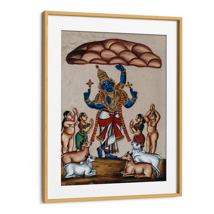 KRISHNA LIFTING MOUNT GOVARDHAN , INDIAN ART PAINTINGS
