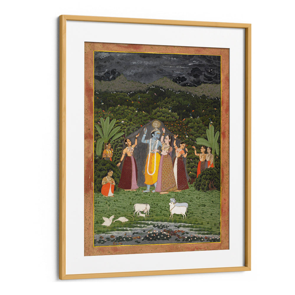 KRISHNA AND THE GOPIS TAKE SHELTER FROM THE RAIN , INDIAN ART PAINTINGS