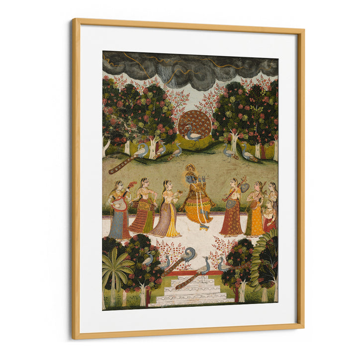 KRISHNA PLAYING THE FLUTE TO SEVEN GOPIS HOLDING MUSICAL INSTRUMENTS , INDIAN ART PAINTINGS