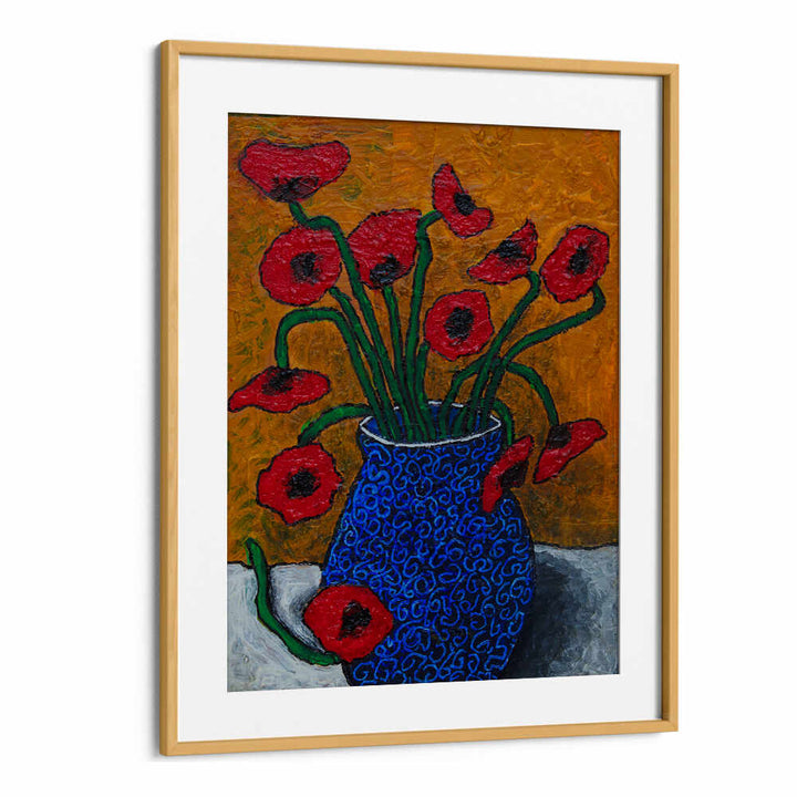 Vibrant POPPIES, FLORAL FLOWER PAINTINGS in a blue vase, perfect for enhancing your home decor with elegance.