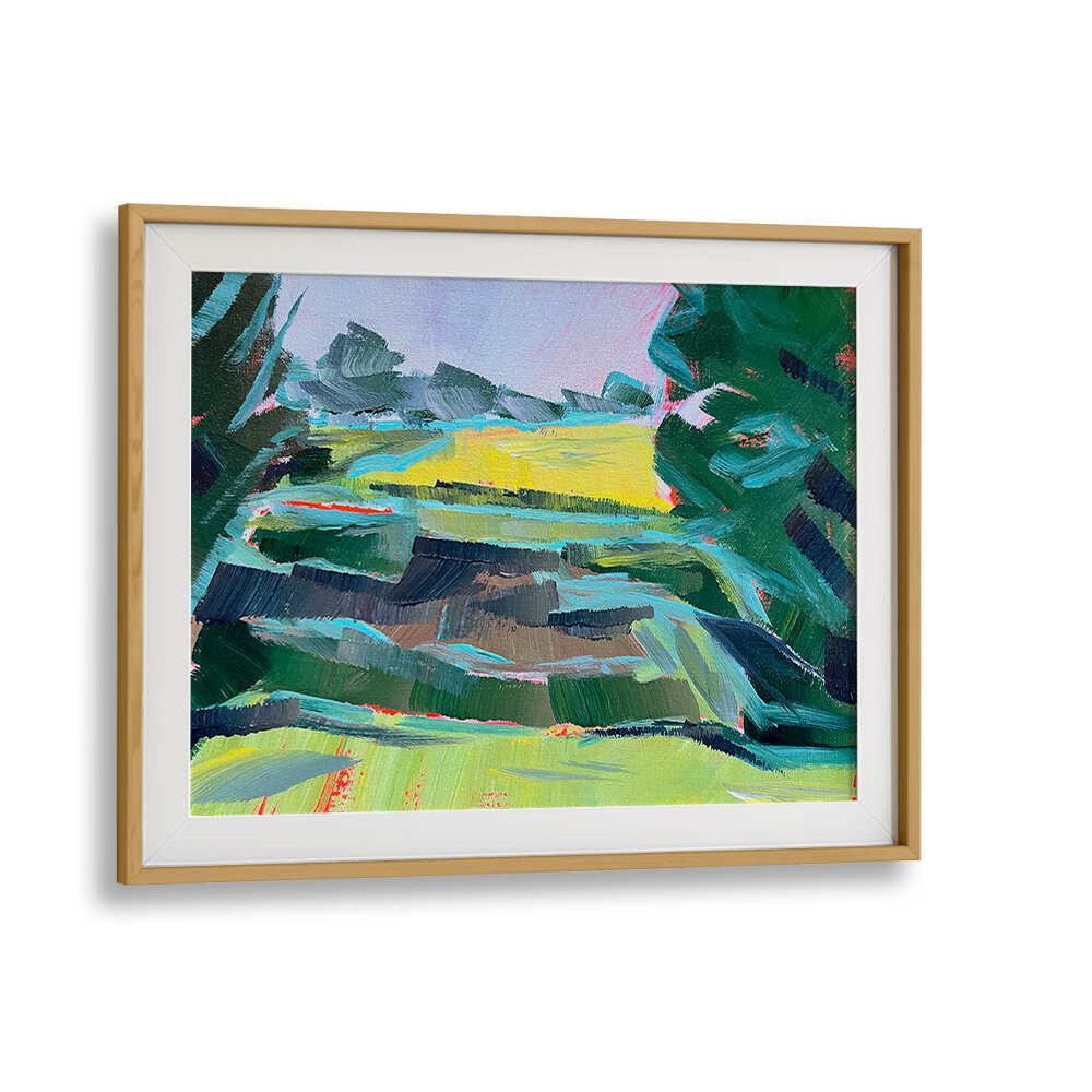 CANOLA FIELD DEUX , LANDSCAPE PAINTINGS — Oakwood Mount framed vibrant abstract canola field in bold greens and golds