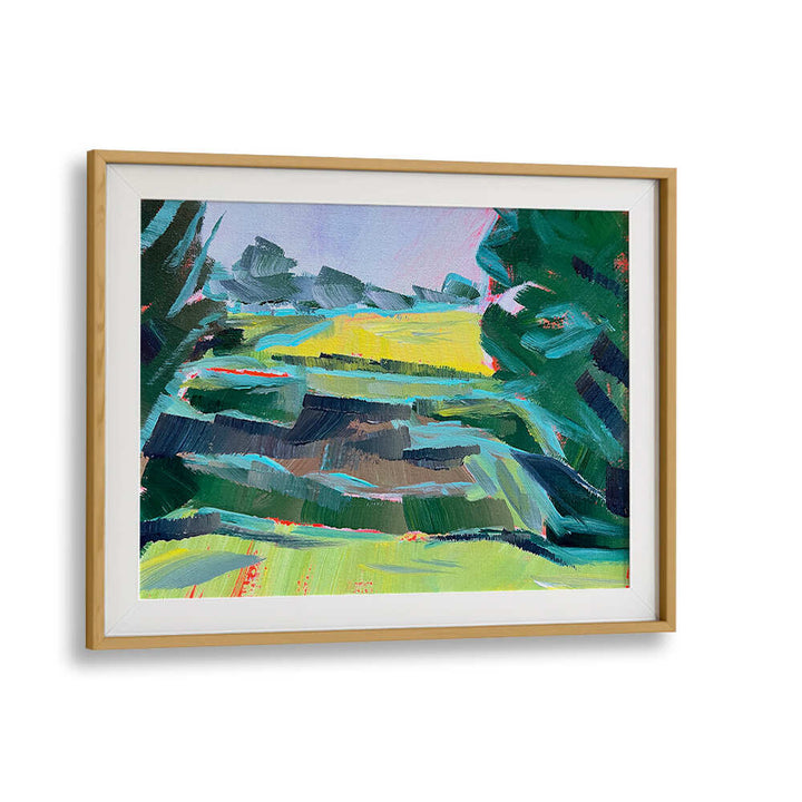 CANOLA FIELD DEUX , LANDSCAPE PAINTINGS — Oakwood Mount framed vibrant abstract canola field in bold greens and golds