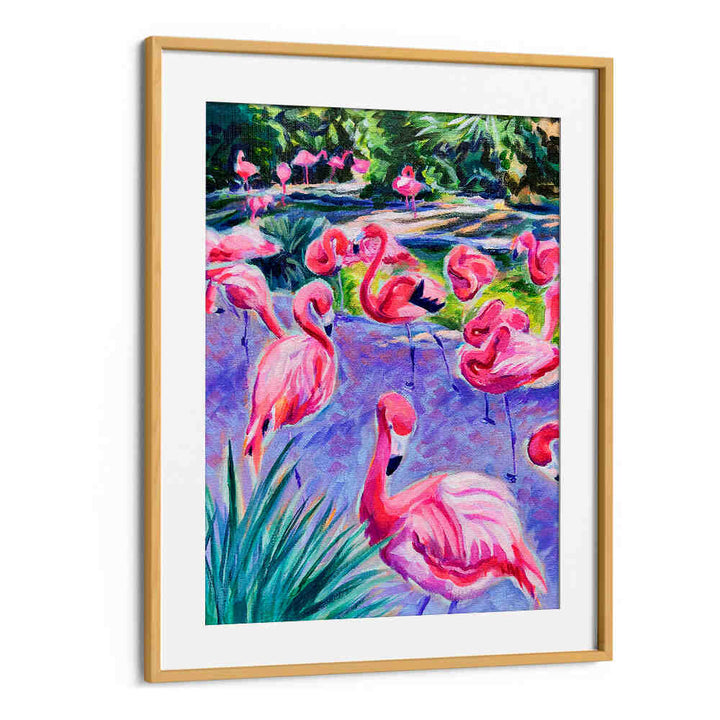 FLAMBOYANCE , ANIMAL PAINTINGS flamingo acrylics with vivid brushstrokes and texture, contemporary framed print by Oakwood Mount