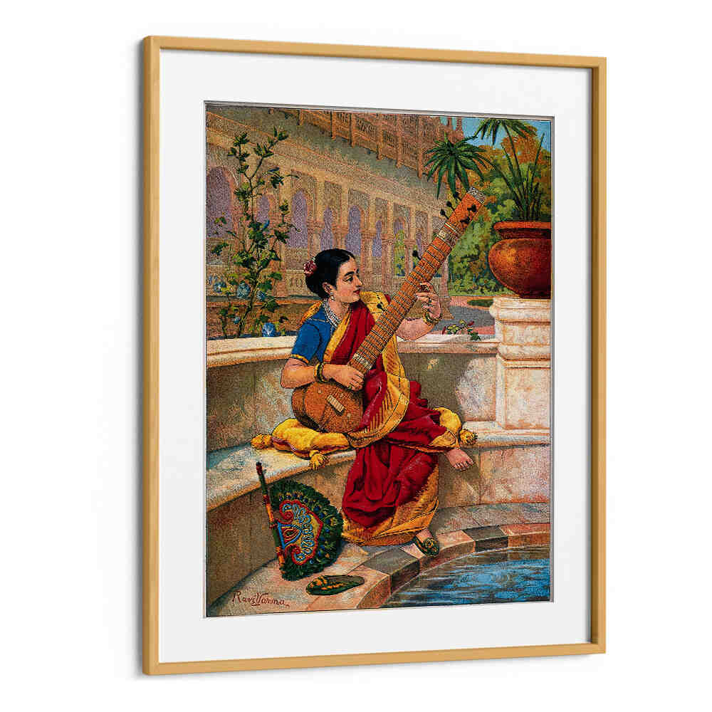 A SEATED INDIAN WOMAN PLAYS A SITAR NEXT TO A GARDEN POND , INDIAN ART PAINTINGS