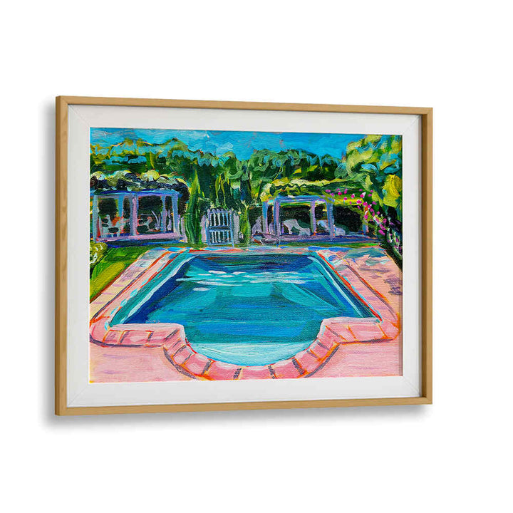 Oakwood Mount framed landscape painting of sunlit pool and gardens — POOL AT THE CHÂTEAU , LANDSCAPE PAINTINGS
